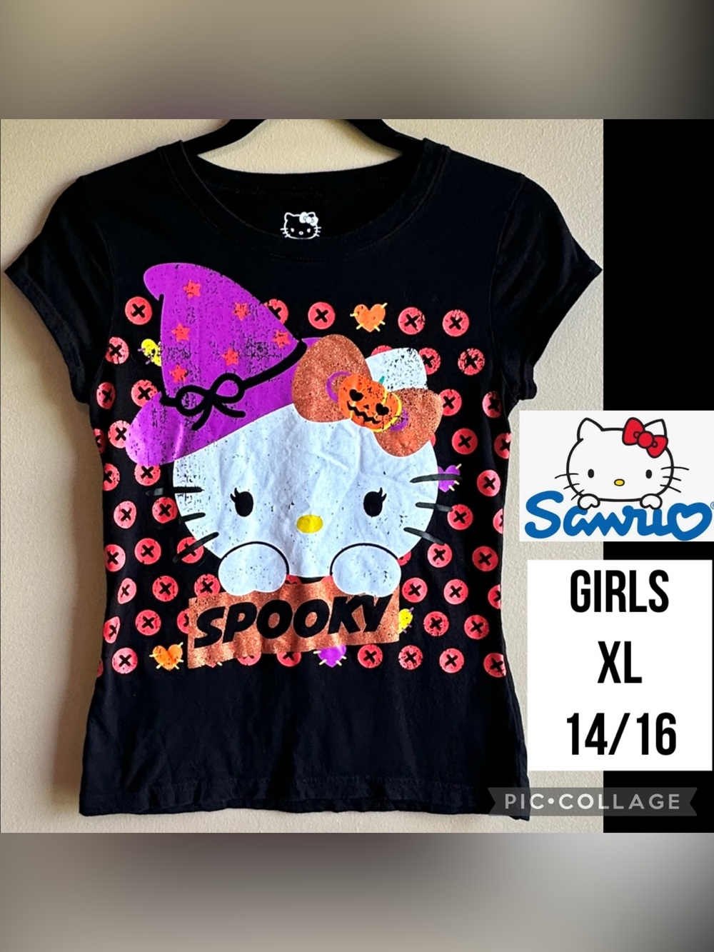 Hello Kitty Girls T-Shirt Y2K Halloween Black Spooky Glitter Short Sleeve Sz XL